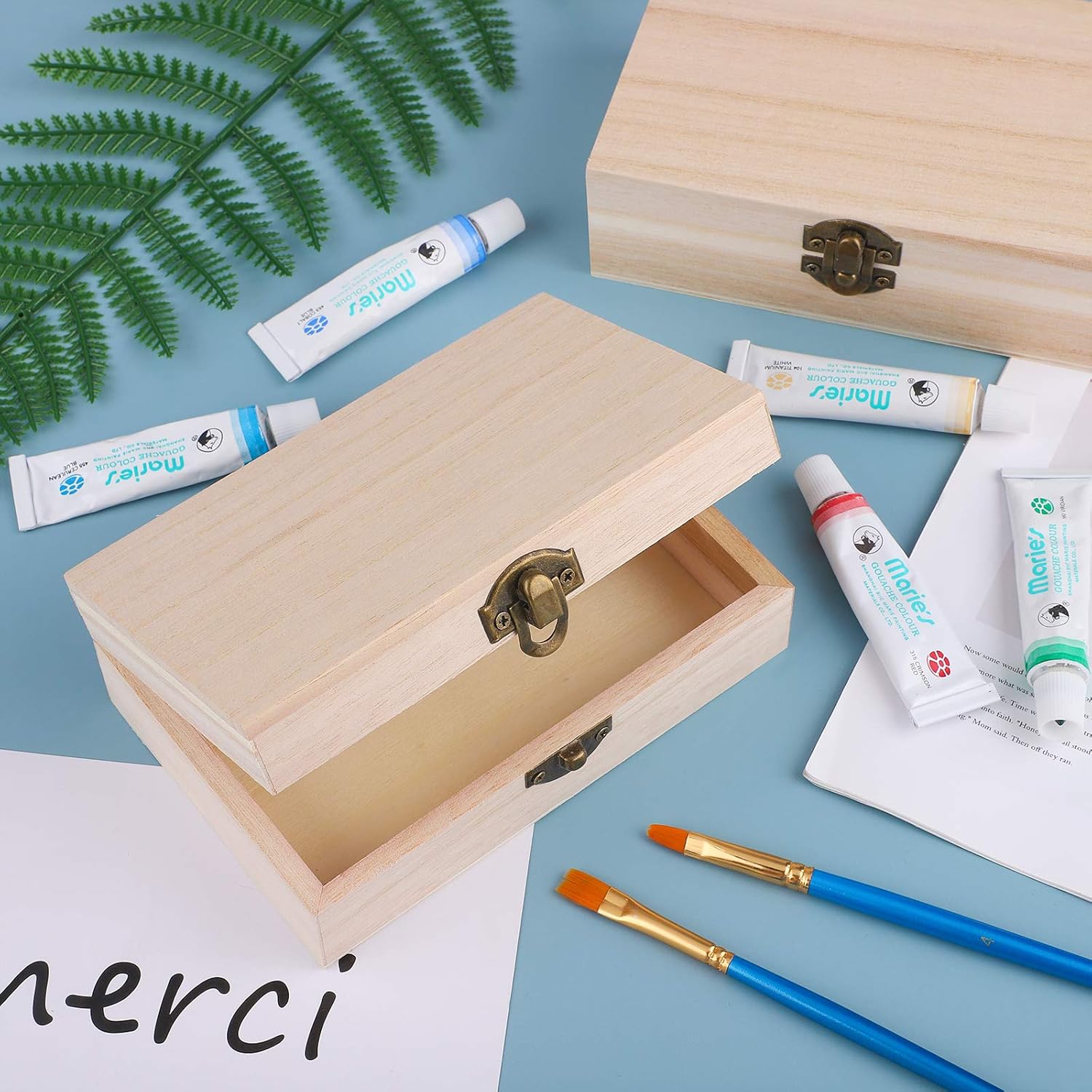 ADXCO 4 Pieces Unfinished Pine Wood Box with Hinged Lid Treasure Boxes with Locking Clasp Treasure Chest Decorate Wooden Boxes for DIY Crafting Gift Storage Box, 5.9 x 3.9 x 2 Inches