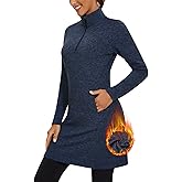 WOWENY Women's Fleece Dress Thermal Sweatshirt Tunic Dress Long Quarter Zip Pullover Polar Winter Dress with Pocket