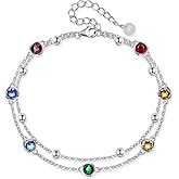 POPLYKE 925 Sterling Silver Double Layered Chain Evil Eye Daisy Sunflower Butterfly Anklets for Women Holiday Beach Crystal Ankle Bracelet Dainty Evil Eye Jewelry
