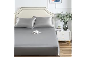LUXBEDDING Satin Fitted Sheet, Queen Fitted Sheet Only, 1 - Piece Ultra Soft Deep Pocket Single Silk Bottom Bed Sheet Queen - Light Gray