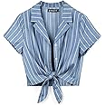 Allegra K Women's Striped Button Up Lapel Collar Top Short Sleeve Tie Front Crop Shirt