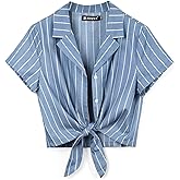 Allegra K Women's Striped Button Up Lapel Collar Top Short Sleeve Tie Front Crop Shirt
