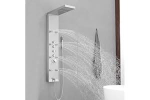 Bathfinesse Shower Panel Rainfall Bathroom Shower Tower System with 4-Functions, 8 Body Massage, Wall Mount Brushed Nickel
