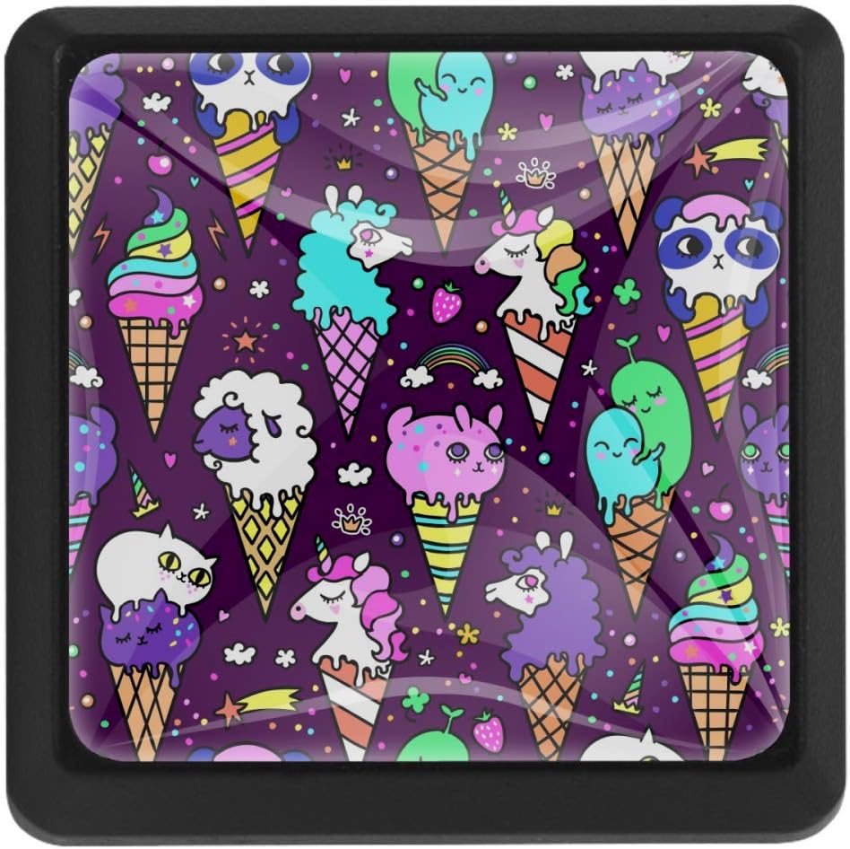 Cute Ice Cream Cones Pattern with Animals Unicorns Sheep Cats Crystal Glass Cupboard Knobs Drawer Knob Pull Handle Cabinet Handle Knobs