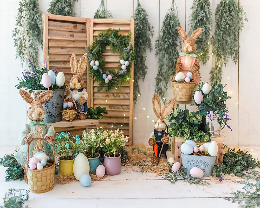 Haosphoto 7X5FT Happy Easter Backdrop for Photography Spring Garden Floral Backdrops Greenery Wall Wreath Old Barn Wood Floor Bunny Eggs Hunt Background for Kids Easter Party Photo Studio Prop HS284
