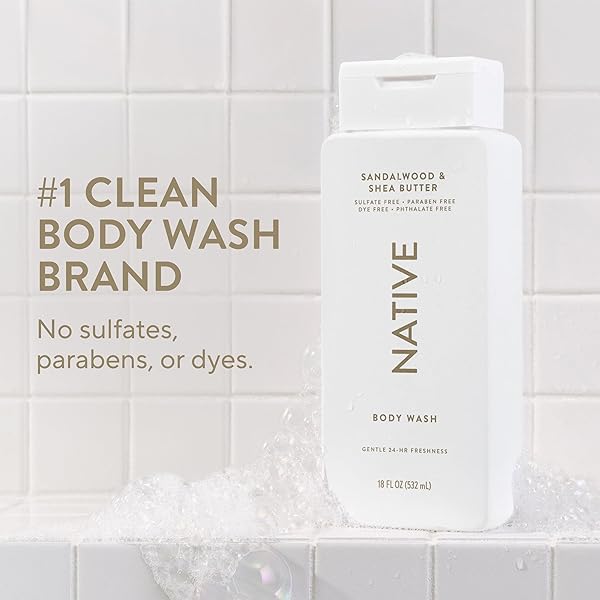 NATIVE BODY WASH CONTAINS NATURALLY DERIVED INGREDIENTS | FOR WOMEN & MEN, SULFATE, PARABEN, & DYE FREE LEAVING SKIN SOFT AND HYDRATED | SANDALWOOD & SHEA BUTTER 18 OZ