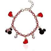SALLY ROSE Mickey and Minnie Mouse Charm Bracelet with Red Chain Official License, 6.5"+1", Valentines Day Gifts for Her