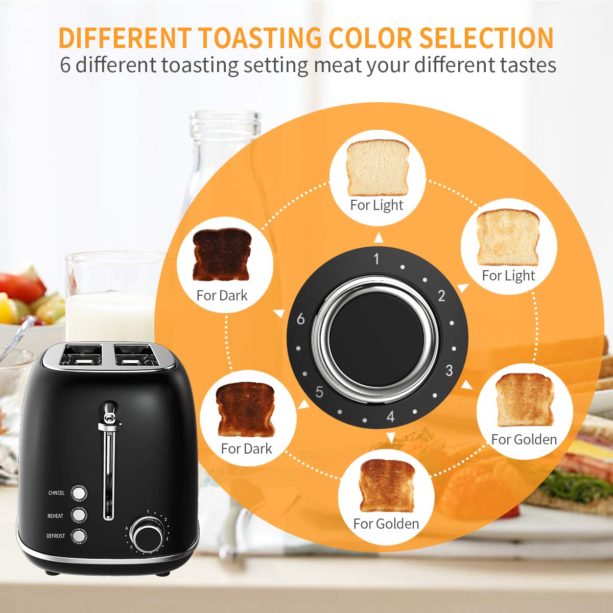 morpilot Toaster Grille-Pain Rétro 2 Fentes Acier Inoxydable, 6 Niveaux Réglables,3 en 1 de Fonctions Grille-Pain,Décongeler,Réchauffer,815W Rapide Fonction