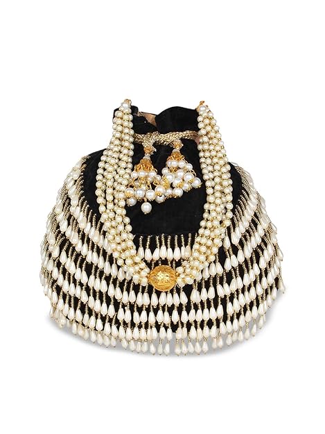 designer pearl hand work velvet potli bag for ladies (black)