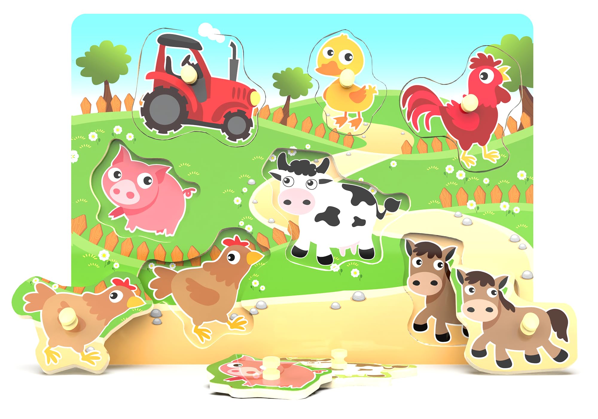Wooden Puzzles Farm Chunky Baby Puzzles Peg Board, Full-Color Pictures for Preschool Educational Jigsaw Puzzles, 7Pieces