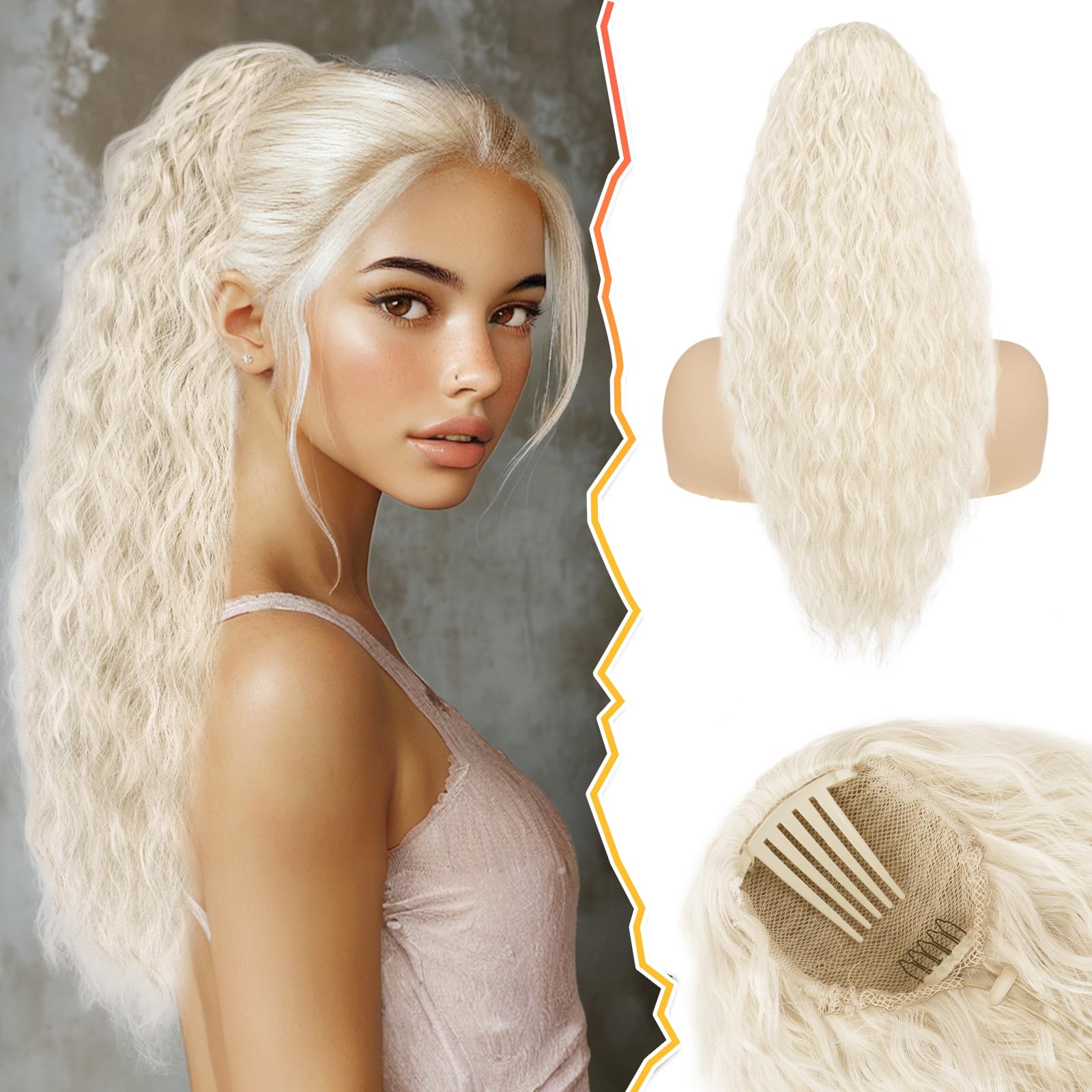 BARSDAR 22 Inch Curly Ponytail Extension, Blonde Drawstring Ponytail Hair Extensions for Women Synthetic Comb Clip in Pony Tails Hairpieces - Platinum Blonde Mixed — image 1