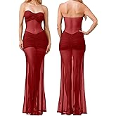 Women’s See Through Mesh Maxi Dress Sweatheart Neck Patchwork Slim Fit Night Out Seaside Long Dresses