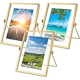 WOPPLXY 6"x 8" Gold Floating Frames, Set of 3 Pressed Glass Floating Frames, Vertical Adjustable Tabletop/Shelf Photo Frame, Gold Floating Picture Frame for 5x7, 4x6, 3x5 Photo Tabletop Display