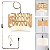 Boho Plug in Pendant Light Rattan Hanging Lights with Plug in Cord,Indoor Hanging Lamp with Dimmer Switch,Wicker Bamboo Woven