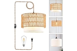 ZECOXOL Boho Plug in Pendant Light Rattan Hanging Lights with Plug in Cord,Indoor Hanging Lamp with Dimmer Switch,Wicker Bamboo Woven LampShade Hanging Lamp Plug in for Bedroom Living Room Kitchen Island