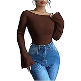 SHENHE Women's Off The Shoulder Sweater Jumper Bell Sleeve Ribbed Boat Neck Fitted Fall Sweater