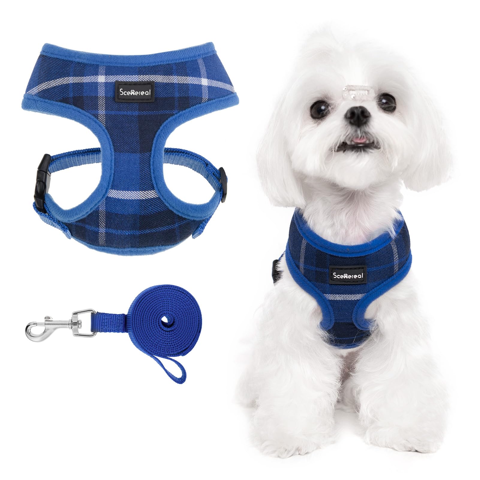 SCENEREAL Puppy Dog Harness with Leash Set for Small Medium Sized Dogs, Soft Mesh Step in Pet Harnesses and Leash, No Chock Plaid Adjustible No Pull Vest for Dogs Cats, Chihuahua,Bulldog