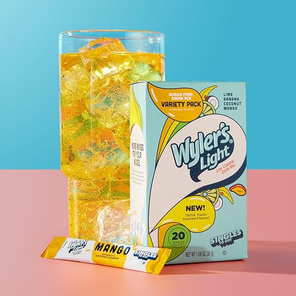 WYLER’S LIGHT SINGLES TO GO POWDER PACKETS, WATER DRINK MIX, VARIETY PACK, LIME, BANANA, COCONUT, MANGO, WATERTOK BASE FLAVORS, SUGAR & CAFFEINE FREE, ON-THE-GO, 20 COUNT (PACK – 1)