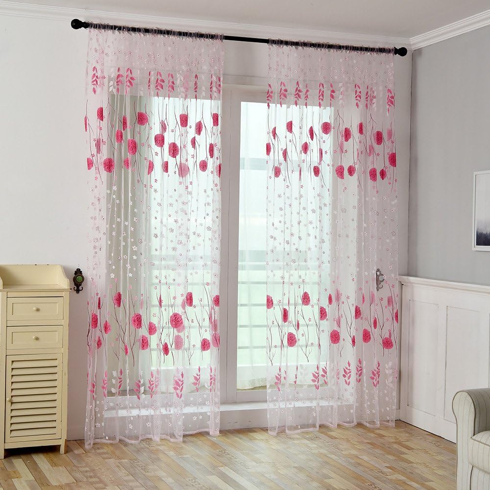 About1988 Leaves Printed Semi Transparent Voile Curtains Classical Embroidery Voile Curtains Ultra Sheer Curtains Eyelet Curtains (Pink)