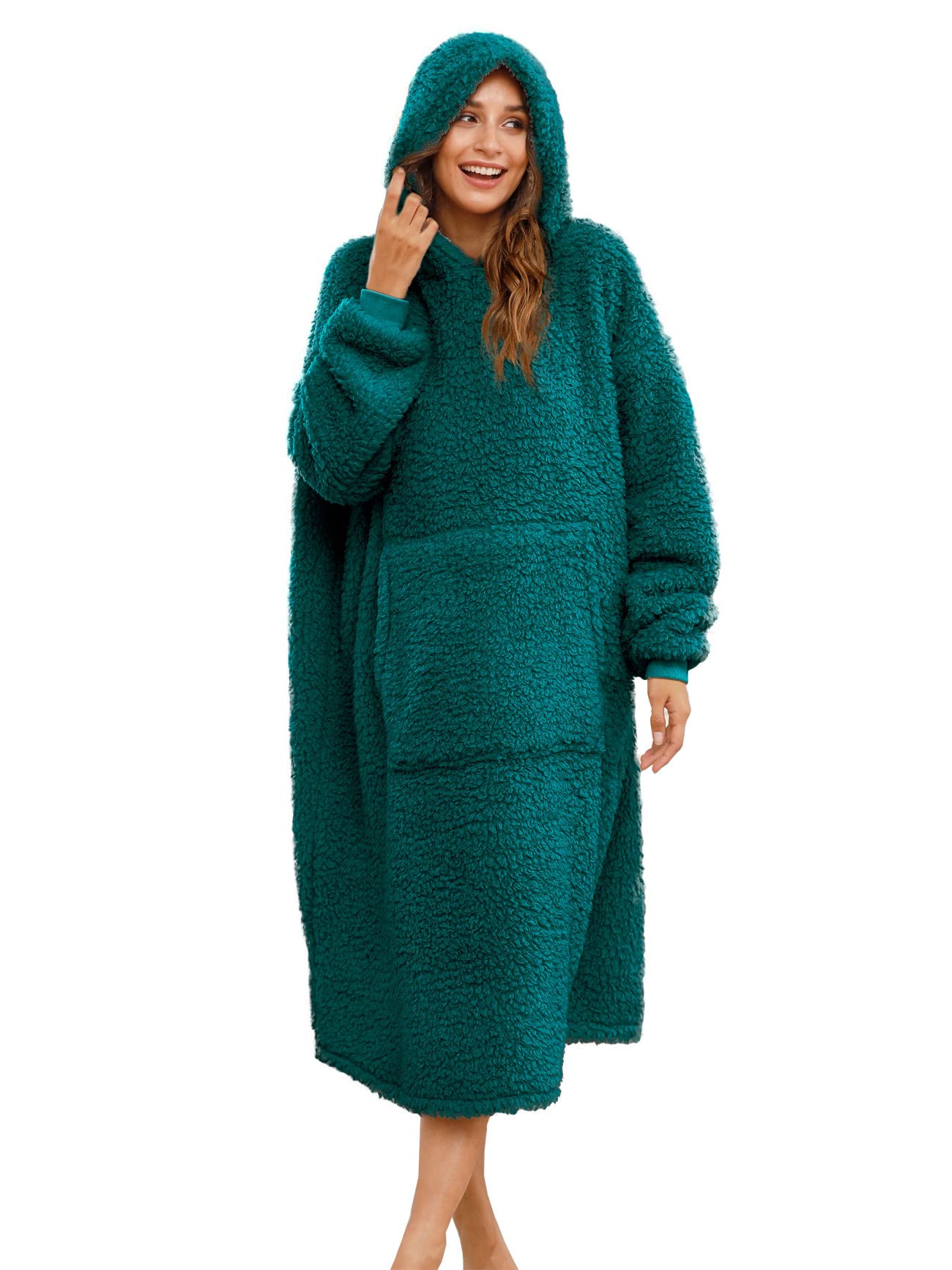 ililmmoe Oversized Sherpa Wearable Blanket Hoodie for Women Men,Long Comfortable Sherpa Blanket Sweatshirt Shaggy Pullover Plush Warm Cozy Blanket One Size Fits All Malachite — image 1