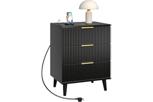 QIPAKA Fluted Black Nightstand with USB Charging Station, 3-Drawer Dresser Wood Modern Night Stand Bedside Table with Quiet D
