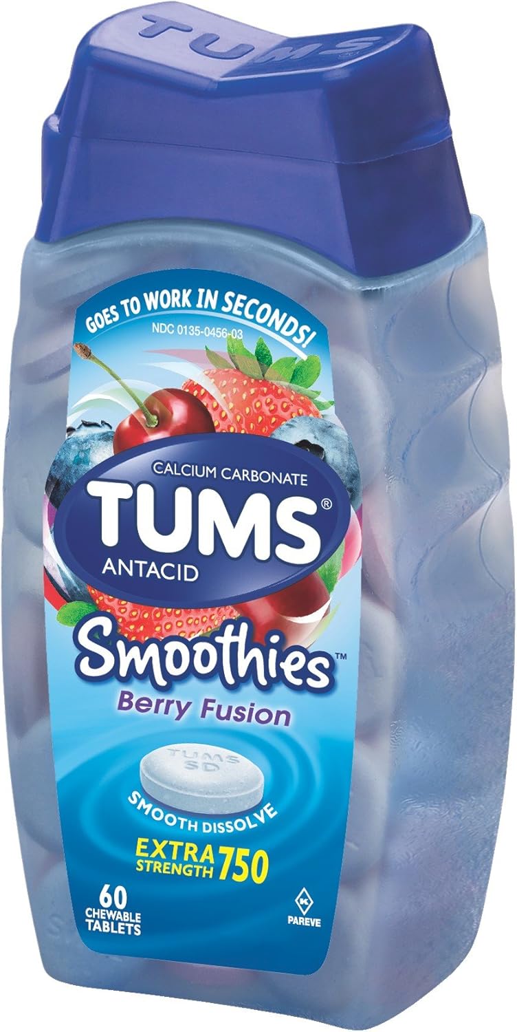 TUMS Smoothies Extra Strength Antacid Tablets for Chewable Heartburn Relief and Acid Indigestion Relief, Berry Fusion - 60 Count: Health & Personal Care