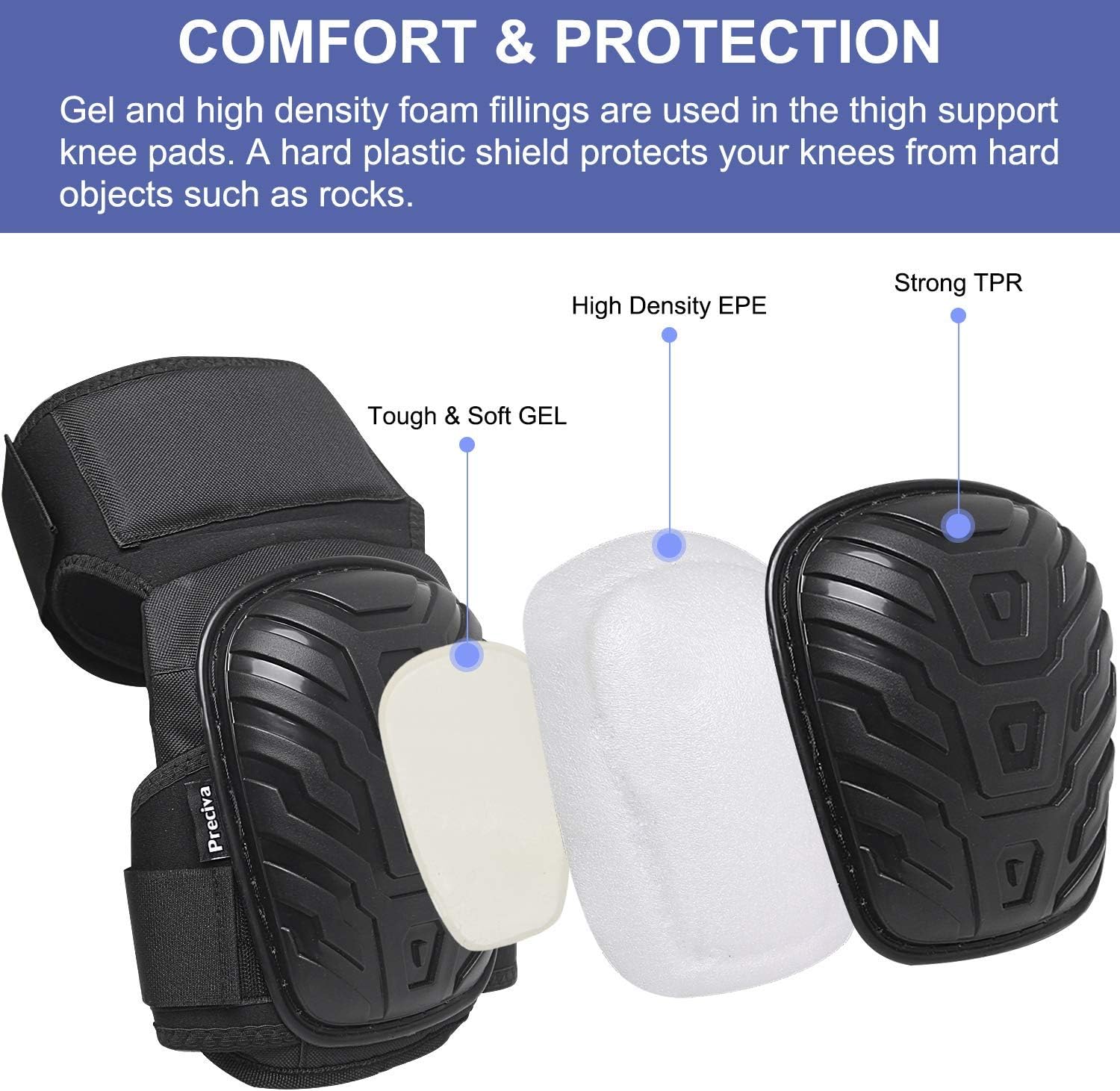 Preciva Professional Knee Pads for Work Heavy Duty Gel Cushion and Foam Padding KneePads with Anti-Slip Straps and Easy-Fix Clips for Men Women - Image 4