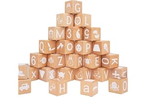AXEARTE Alphabet Letters Stacking Blocks, 26 Wooden ABC Building Blocks for Toddlers, Number, Animals Icons on Every Side, Preschool Learning Educational Toys Montessori Sensory Toys for Kids