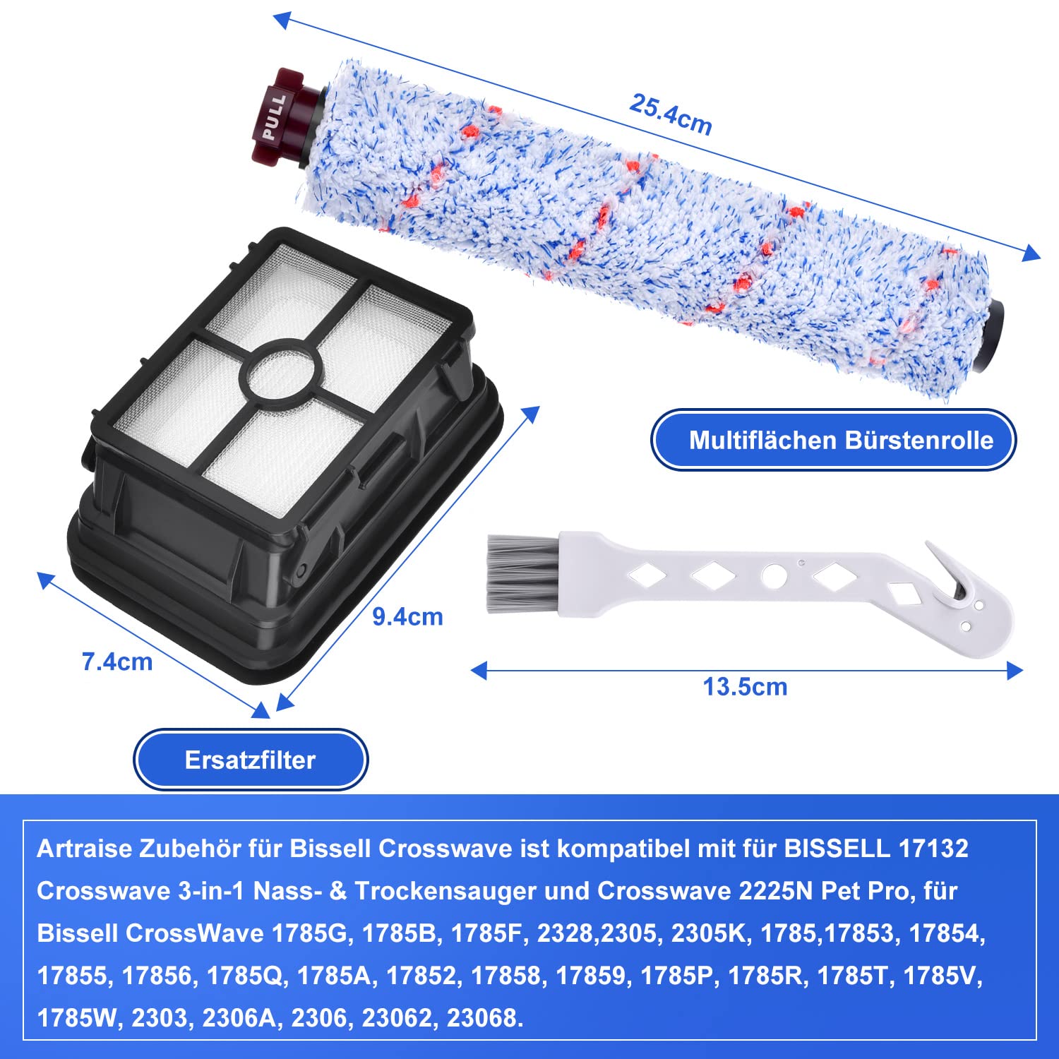 Artraise Filter für Bissell Crosswave - 3-in-1 Zubehör mit 2 Stück Ersatzfilter und 2 Stück Multiflächen Bürstenrolle für Modelle 1866, 17132 & 2225N 2