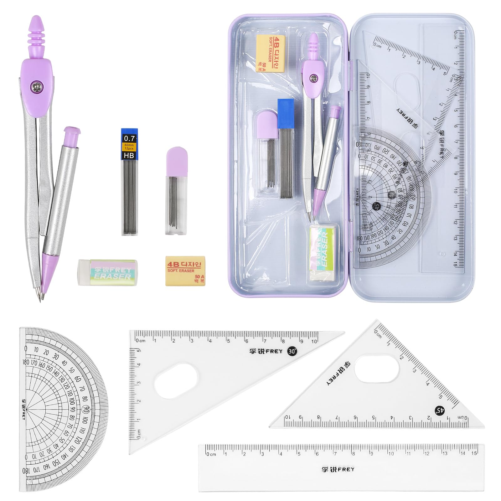 Ysimple Maths Set, Geometry Set for Students, 9 Pieces Includes Compasses, Lead, Rubber, Sharpener, Protractor, Triangles, Ruler and Carrying Box for Class Supplies and School (Purple)
