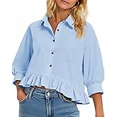 Cicy Bell Womens Cropped Button Down Shirts 3/4 Length Sleeve Casual Cotton Blouses Loose Fit Ruffle Hem Tops