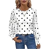 Floerns Women's Polka Dots Blouse Puff Long Sleeve Crewneck Business Casual Work Shirts Tops Black and White Medium