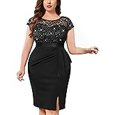 MISSMAY Women's Plus Size Sequin Floral Lace Ruffle Split Elegant Cocktail Party Dress