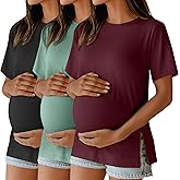 Ficerd 3 Pack Women's Maternity T Shirts, Short Sleeve Side Split Pregnancy Tops Casual Crew Neck Pregnant Tees Mama Clothes