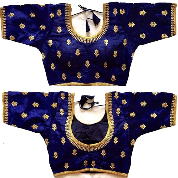 Women's Navy Blue Colour Flower Hand Embroidery and Sequins Work Readymade Blouse For Saree And Lehenga Choli (Size 38+4 inch margin)