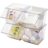 LLGWGL Front Opening Stackable Tea Bag Organizer, 4 Pack | Grooved Removable Top Lid, Secure Vertical Nesting, Clear Hinged Drop Door, Coffee Pod Holder, Craft Accessory Container