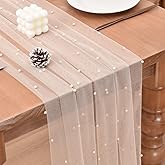 Joanlody Pearl Table Runner 10ft Rustic Boho Tulle Runner with Pearls for Baby Shower Wedding Party Veil Dessert Table Decor Champagne