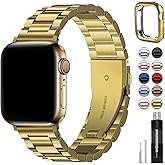 Fullmosa Metal Band Compatible with Apple Watch Bands 45mm 44mm 42mm, iWatch Band with Case for Apple Watch Series 9 8 7 6 5 4 3 2 1 SE3/2/1, Golden