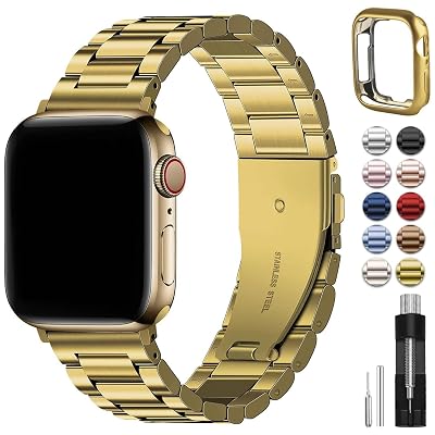 Fullmosa Metal Band Compatible with Apple Watch Bands 45mm 44mm 42mm, iWatch Band with Case for Apple Watch Series 9 8 7 6 5 4 3 2 1 SE3/2/1, Golden