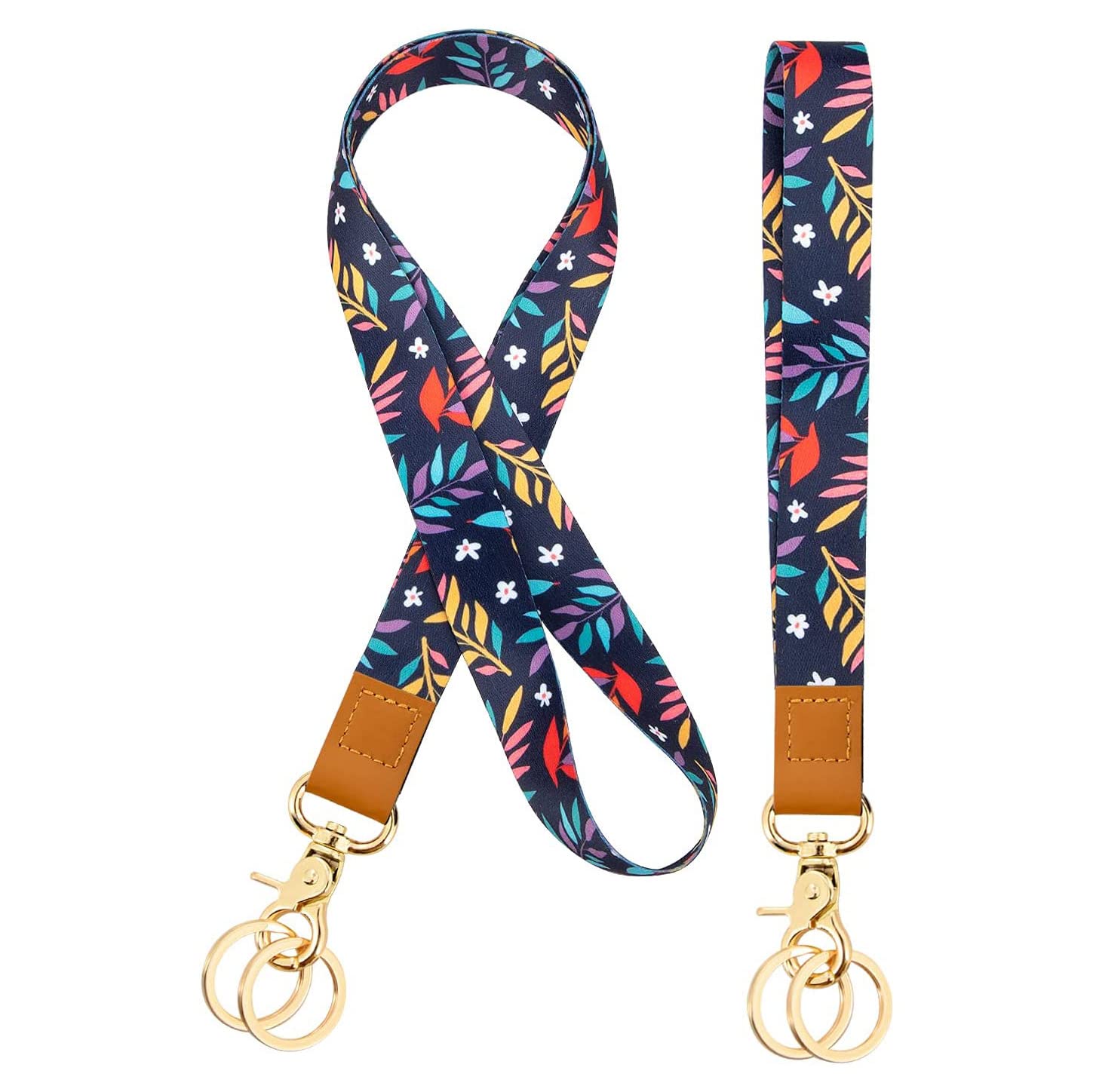 FISHSHOP Fashion Cool Lanyards,1 Pack Neck Lanyard Key Chain and 1 Pack Wrist Leather Wristband Key Chain,For Women Men Car Keys ID Badges Card Wallet Phone Camera (Chromatic)