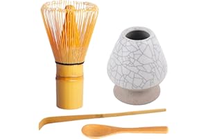 Matcha Whisk Set 4 pcs-Handmade Bamboo Whisk(Chasen) and Traditional Tea Scoop, Matcha Spoon and Ceramic Whisk Holder - Match