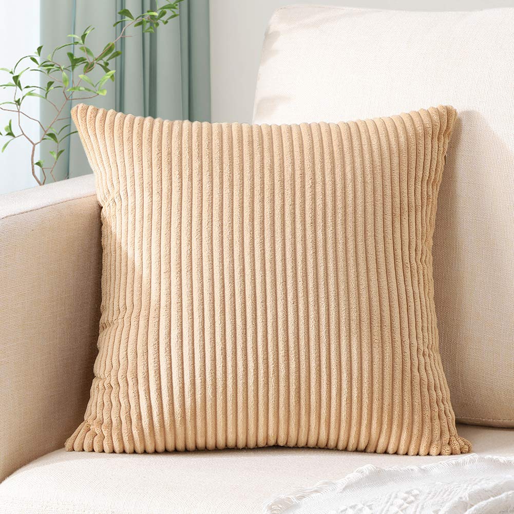 Photo 1 of Artscope Cozy Striped Corduroy Pillow Covers Super Soft Decorative Square Throw Pillow Covers Case Cushion Covers for Sofa Couch Bedroom Car Decor 16 x 16 Inches, Khaki