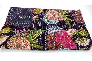V Vedant Designs Fruit Print Kantha Quilt Cotton Bedding (Black)