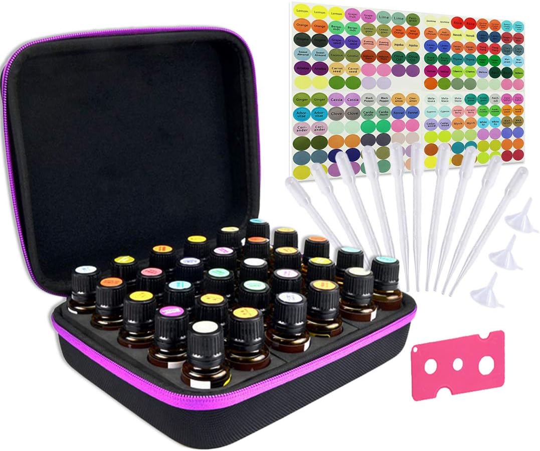 Hard Shell Essential Oil Carrying Case with Foam Insert for 30 Bottles Essential Oils, Storage Bag and accessories Stickers, Opener, Funnels, Pipettes for doTerra and Young Living Oils