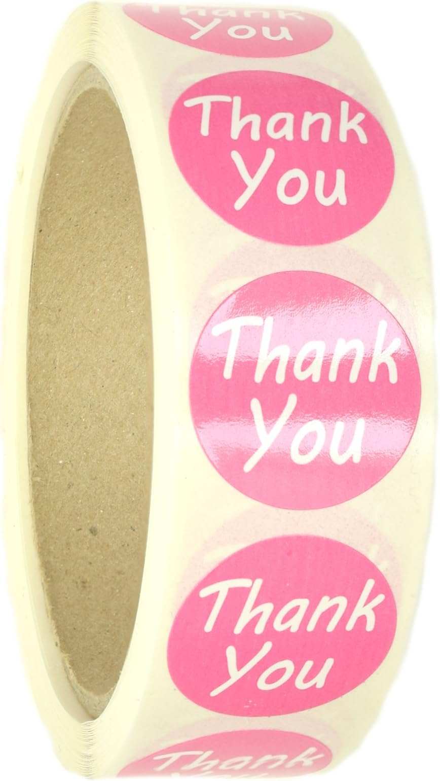 Pink"Thank You" Labels Stickers - 1" Diameter - 500 ct Roll - SL087F