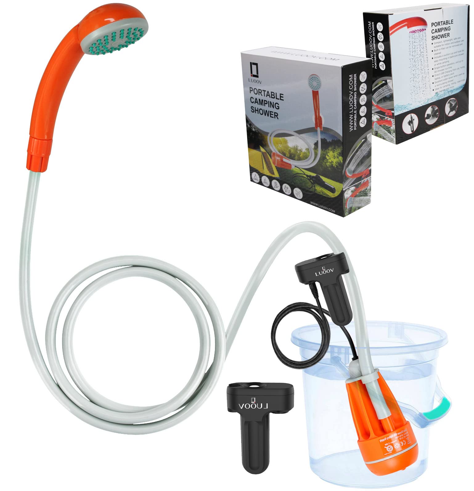 Qbuds Portable Camping Shower, Compact Shower Pump with Dual Detachable USB Rechargeable Batteries, Handheld Outdoor Shower Head for Camping, Hiking, Traveling, Emergency Use(2 Battery)