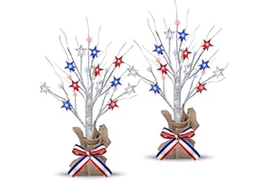 TURNMEON 2 Pack 18'' 4th of July Artificial Patriotic Birch Tree with 24 Red White and Blue Star Burlap Base Bow Timer Battery Operated Light Up Tabletop Tree Decoraction Indoor Home Independence Day