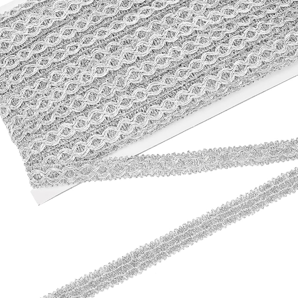 FINGERINSPIRE 20 Yards/18.3m Metallic Braid Trim 15mm Wide Silver Decorative Gimp Trim Polyester Wave Embellishment Lace Trim DIY Sewing Ribbon for DIY Party Clothes Curtain Dress Decoration