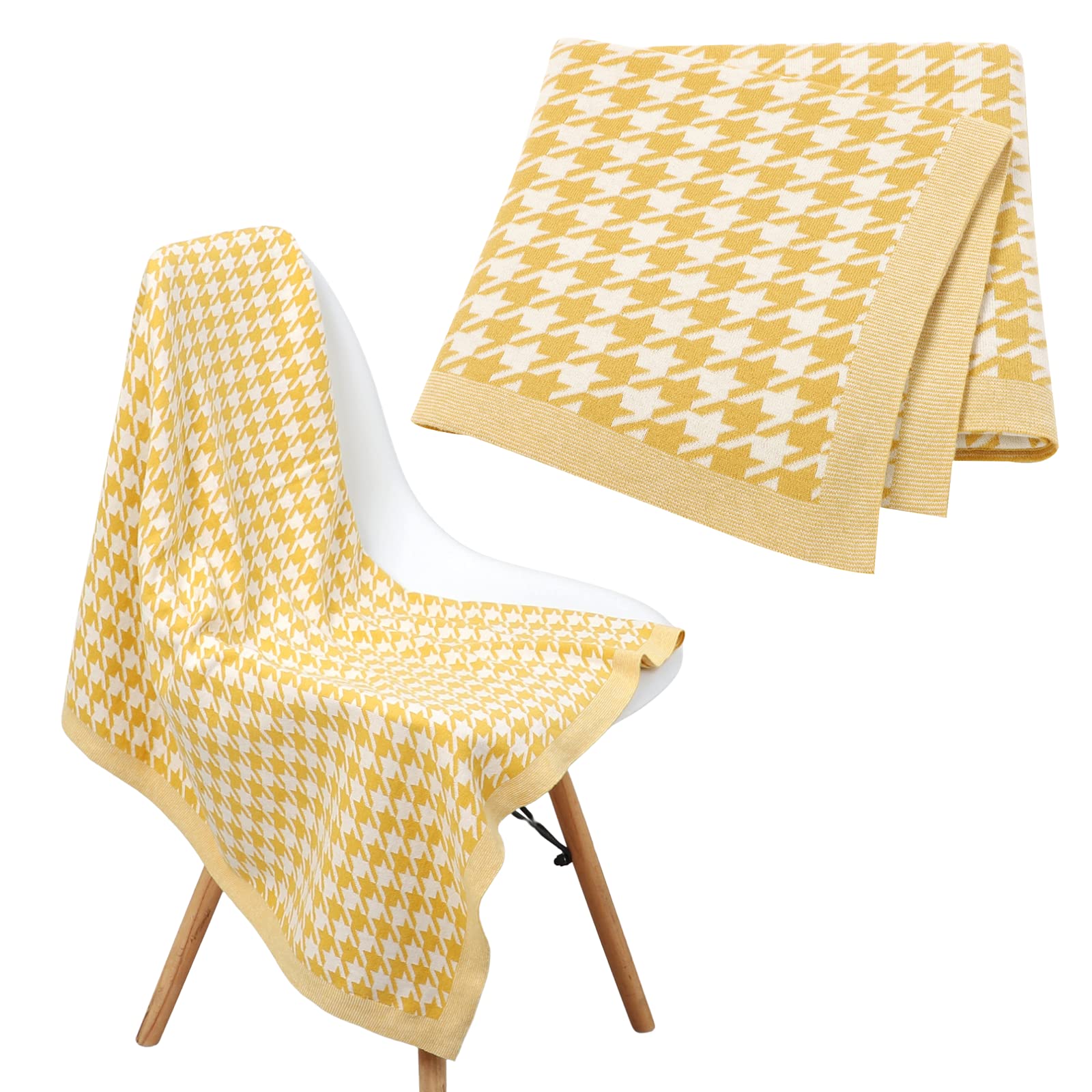 LAWKUL Baby Blanket Knitted 100% Cotton Soft Receiving Blankets for Newborn Boy Girls Unisex Houndstooth 100x80cm Yellow