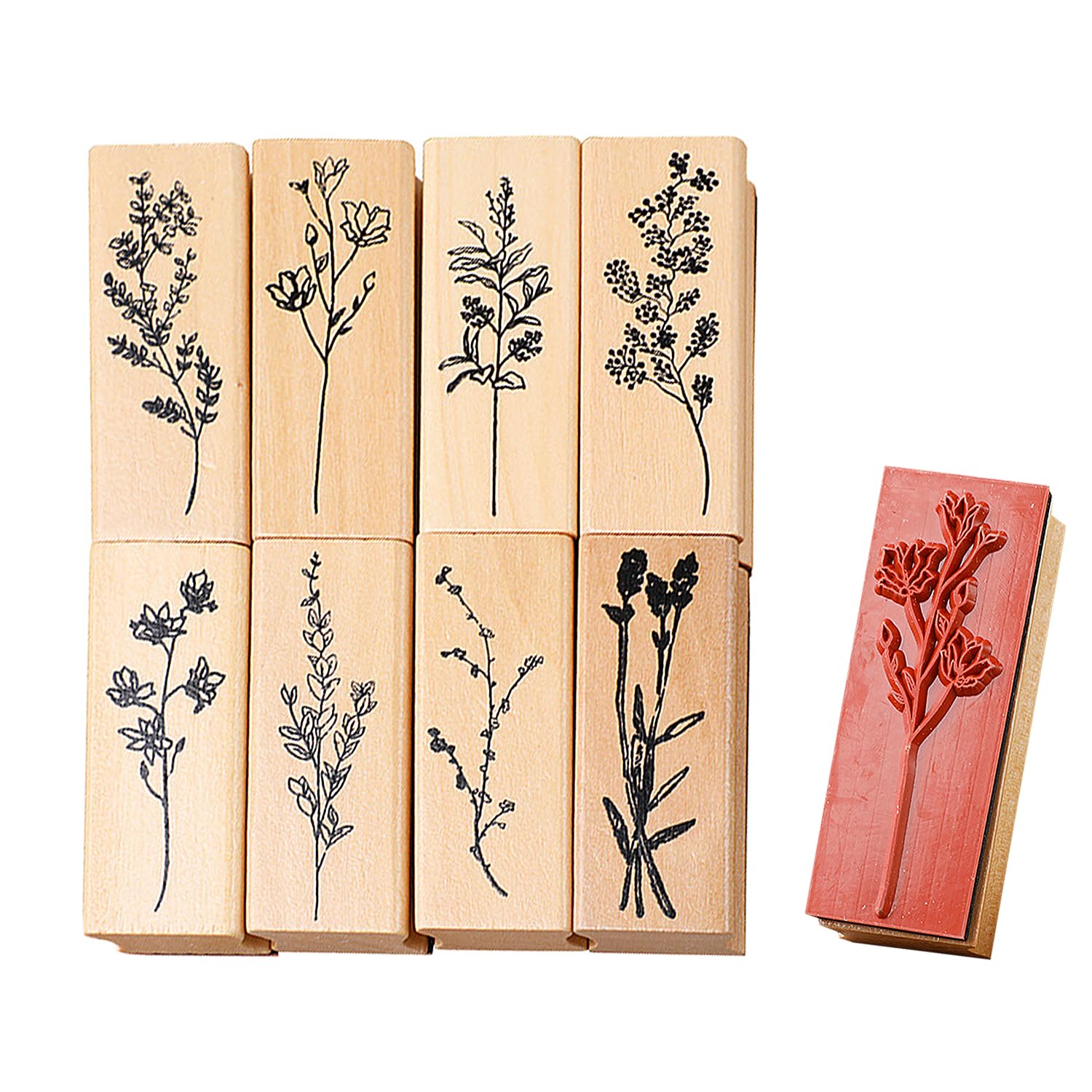 8pcs Wooden Stamps, Vintage Wooden Rubber Stamps, Floral Pattern Stamp Set, DIY Crafts Accessories, Reusable, for Scrapbooking, Journal, Photo Album, Greeting Cards